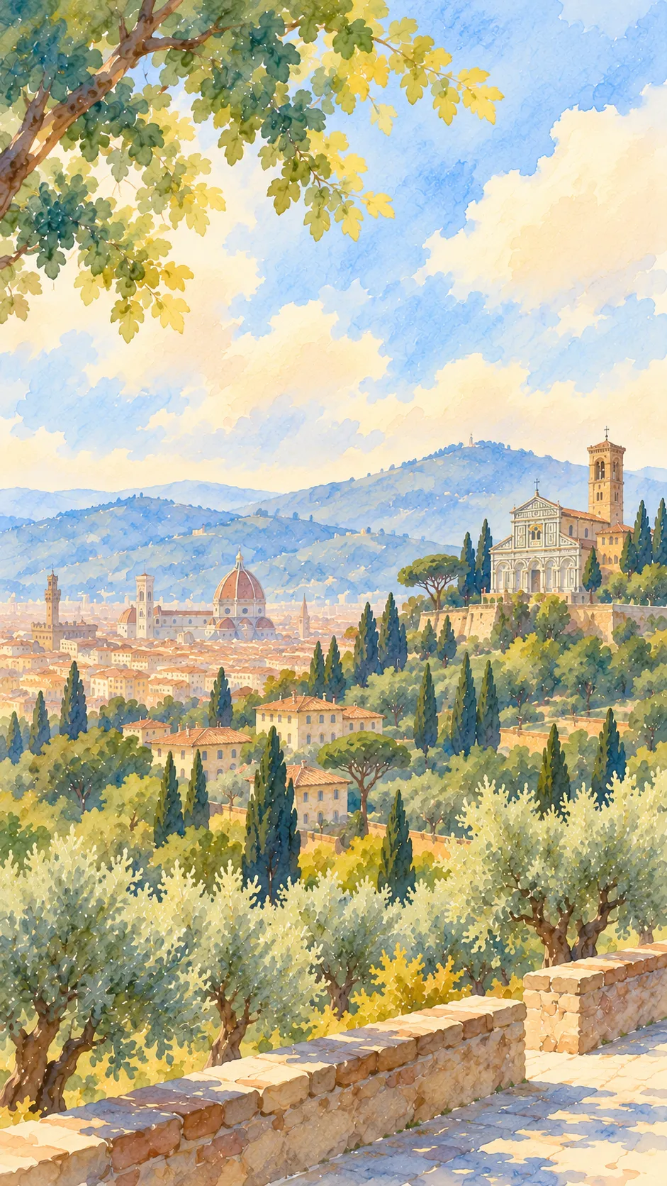Veduta ad acquerello di Firenze al tramonto